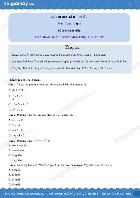 Đề thi học kì 2 Toán 8 - Đề số 3 - Cánh diều